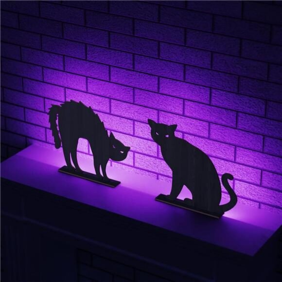 2PCS Wooden Black Cat Tabletop Decoration Sign with Lights for Halloween - Picture 4 of 7